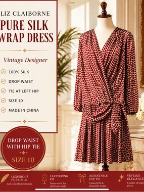 Pure Silk Drop Waist Wrap Dress Vintage Designer Geometric Print Size 10